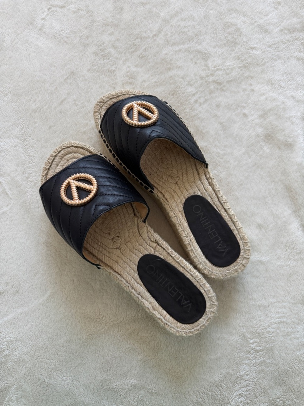 Valentino Black Quilted Espadrille Slide Sandals with Gold Rope Logo